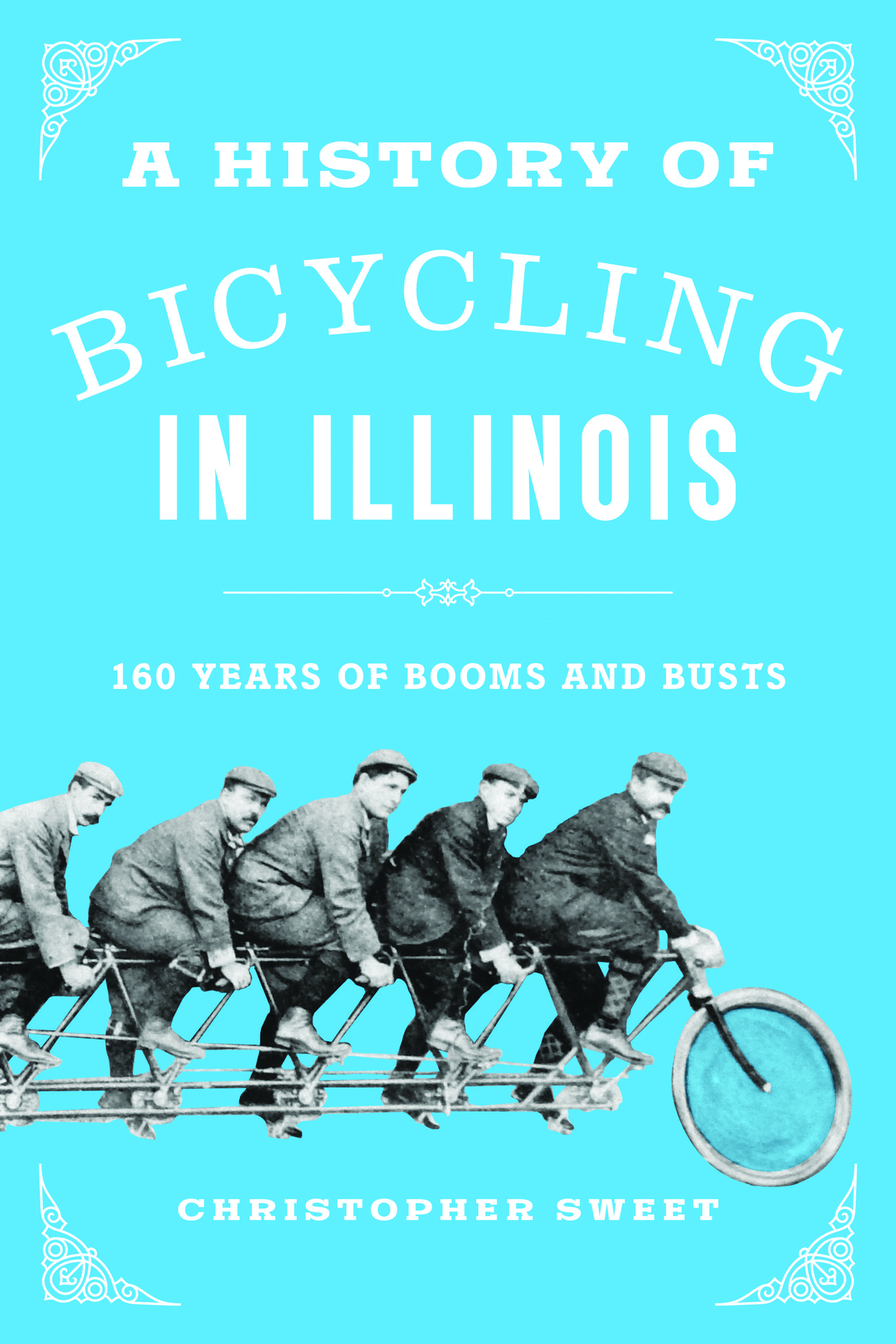 Book cover featuring a historic photo with ten men on a single bicycle